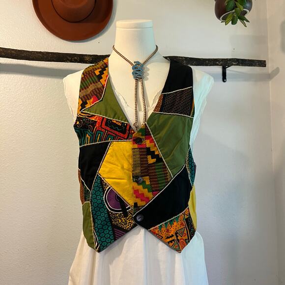Handmade Boho Indie Vintage Patchwork Single Button Fitted Vest Size XS/Small - Picture 1 of 11